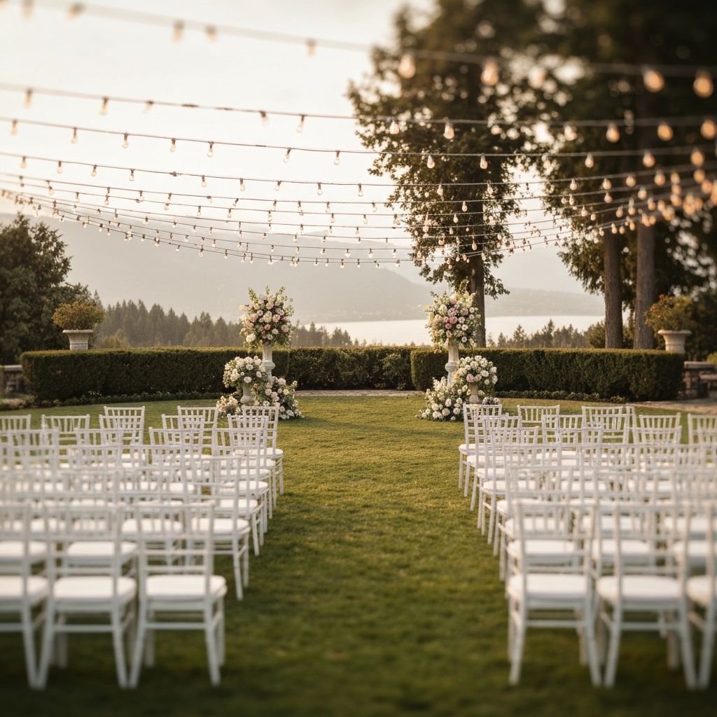 Outdoor wedding venue with string lights at golden hour